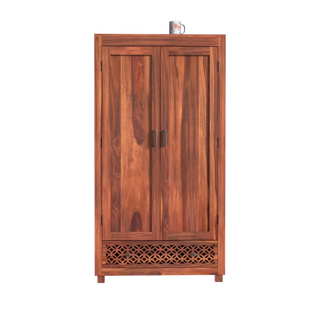 Solid Wood Wardrobe with Double Doors, Decorative Lattice Panel, Natural Honey Oak Finish - Rajasthali Furniture 