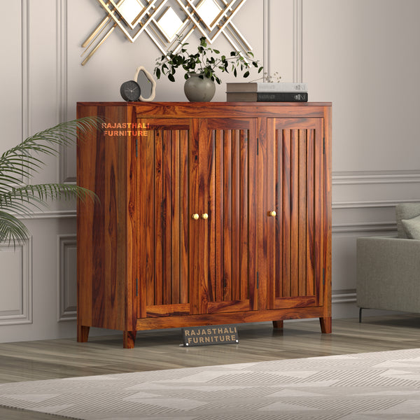 Rajasthali Furniture Solid Sheesham Wood Shoe Cabinet | 3-Door Wooden Shoe Rack with Storage | Entryway Organizer | Natural Finish |