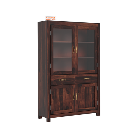 Bened Wooden Glass and Wooden Door Cabinet with two Drawer for Study and kitchen room in Natural and Walnut Finish