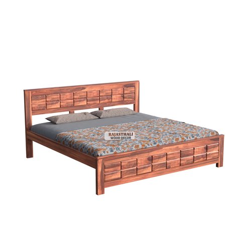 Solid Sheesham Wood King Size Bed with Headboard and Without Storage, Natural Finish