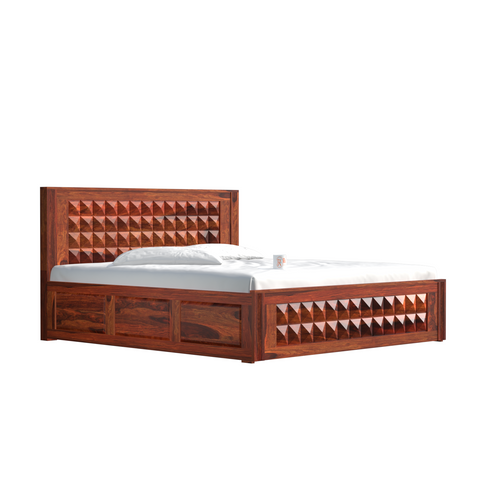 Vrij Solid Wood Double Queen Size Bed with Box Storage in Honey Oak Finish - Rajasthali Furniture 