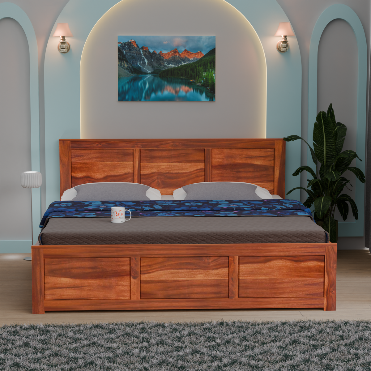 Solid Sheesham Wood King Size Bed with Headboard | Double Bed without Storage in Natural and Walnut Finish