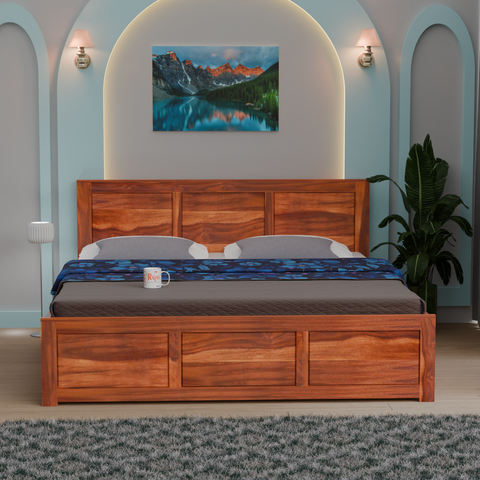 Solid Sheesham Wood King Size Bed with Headboard | Double Bed without Storage in Natural and Walnut Finish