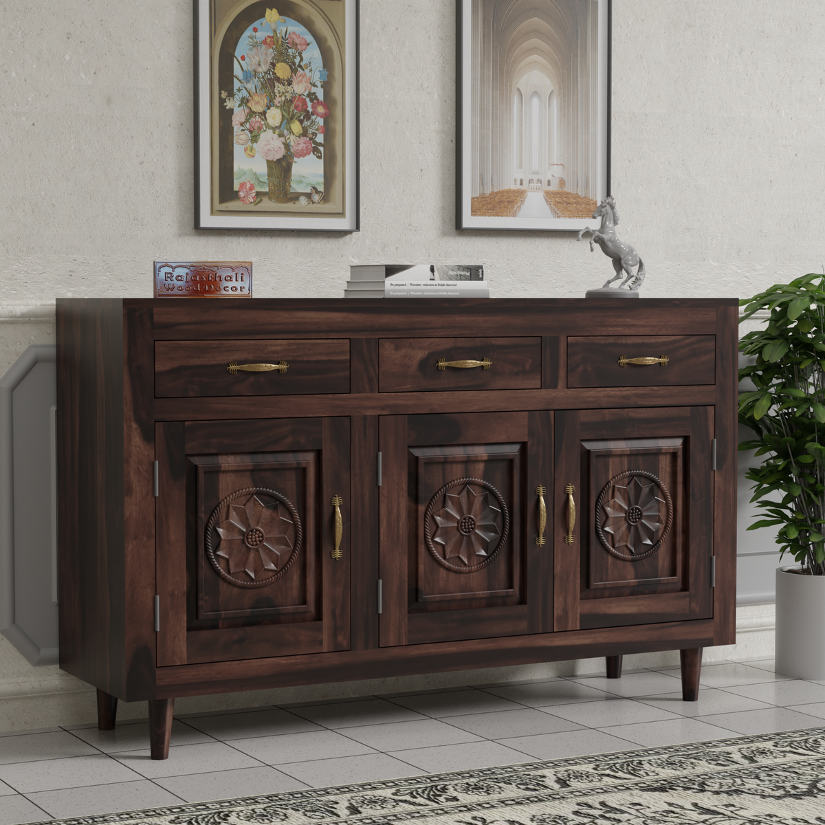 Wooden Sideboard Storage Cabinet with 3 Drawers and 3 Doors Storage Wooden Cabinet for Living Room in Walnut Finish