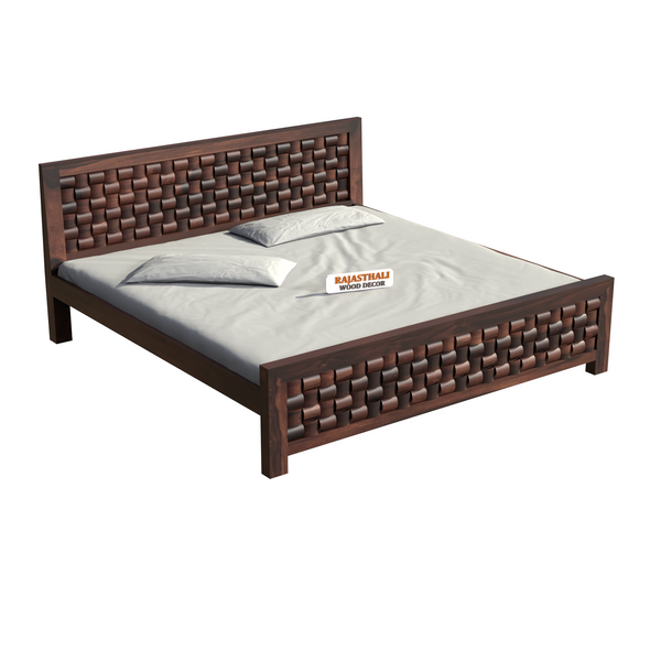 Solid Sheesham Wood King Size Bed with Headboard and Without Storage, Walnut Finish - Rajasthali Furniture 