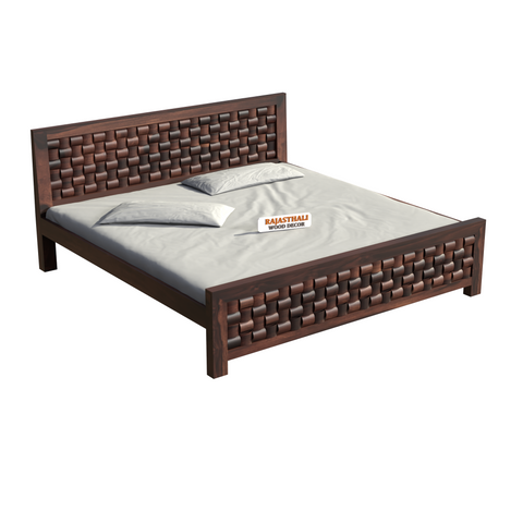 Solid Sheesham Wood King Size Bed with Headboard and Without Storage, Walnut Finish