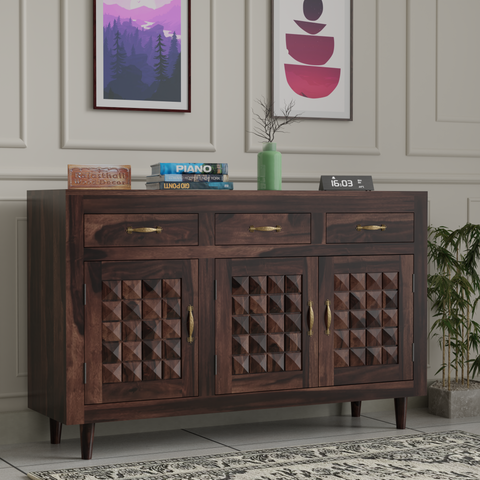 Wooden Sideboard Storage Cabinet with 3 Drawers and 3 Doors Storage Wooden Cabinet for Living Room in Walnut Finish