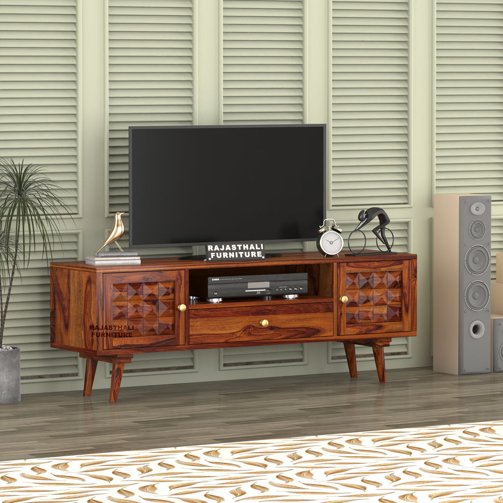 Sheesham Wood TV Unit with Mosaic Carved Doors | Solid Wood TV Console | Diamond - Rajasthali Furniture 