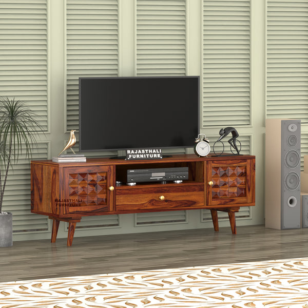 Sheesham Wood TV Unit with Mosaic Carved Doors | Solid Wood TV Console | Diamond