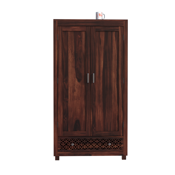 Solid Wood Wardrobe with Double Doors, Decorative Lattice Panel, Natural Honey Oak Finish - Rajasthali Furniture 
