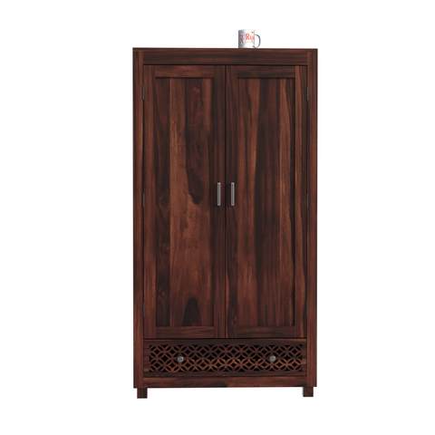 Solid Wood Wardrobe with Double Doors, Decorative Lattice Panel, Natural Honey Oak Finish