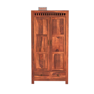 Wooden Two Door and Two Drawer Sheesham Wood Almirah Wardrobe for Bedroom in Honey oak and Dark Color with Natural and Walnut Finish - Rajasthali Furniture 