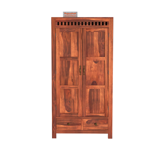Wooden Two Door and Two Drawer Sheesham Wood Almirah Wardrobe for Bedroom in Honey oak and Dark Color with Natural and Walnut Finish - Rajasthali Furniture 