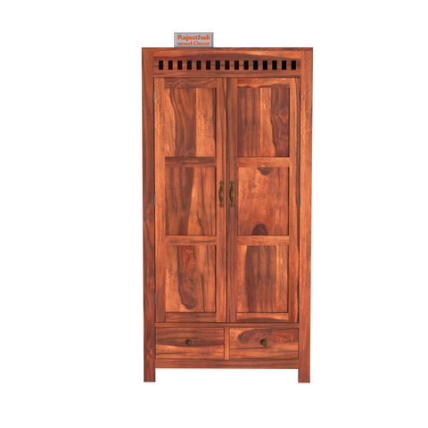 Wooden Two Door and Two Drawer Sheesham Wood Almirah Wardrobe for Bedroom in Honey oak and Dark Color with Natural and Walnut Finish