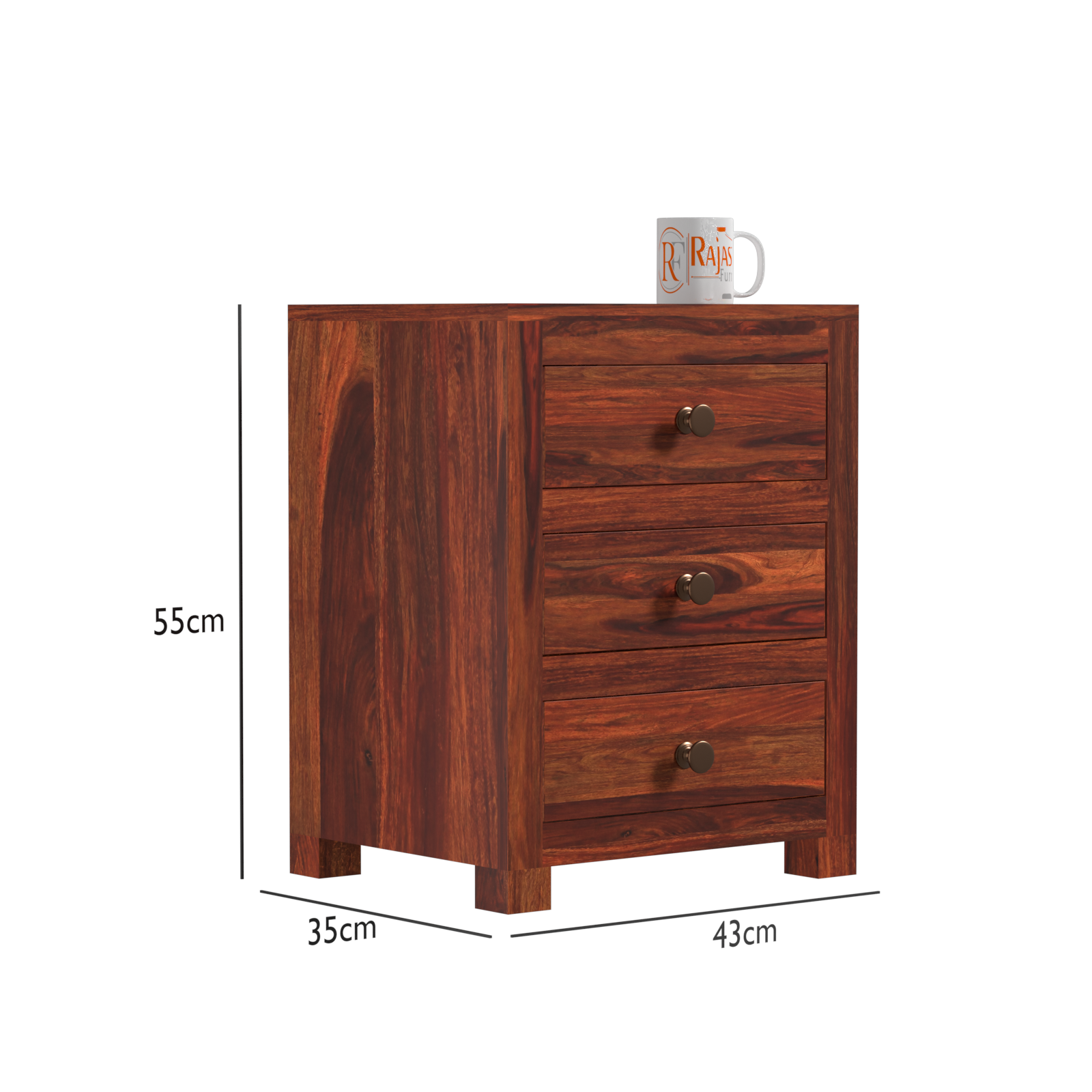 Sun Three Drawer Wooden Bed Side Table/Nightstand in Honey oak Finish - Rajasthali Furniture 