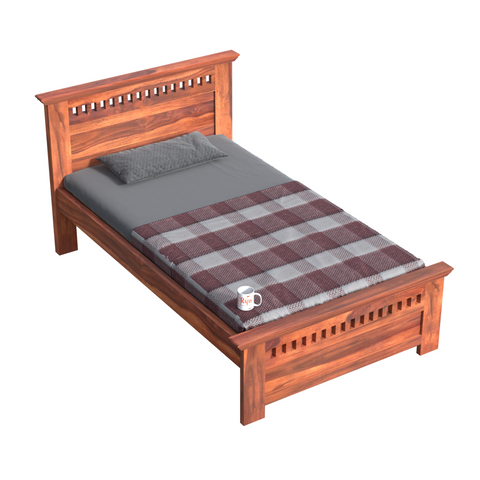 Wooden Single Bed with Block Design without storage for Bedrrom in Natural and Walnut Finish