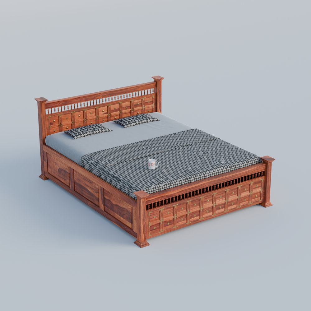 Solid Wood Queen Size Double with Brass LT Plus Design in Honey Oak and Walnut Color - Rajasthali Furniture 