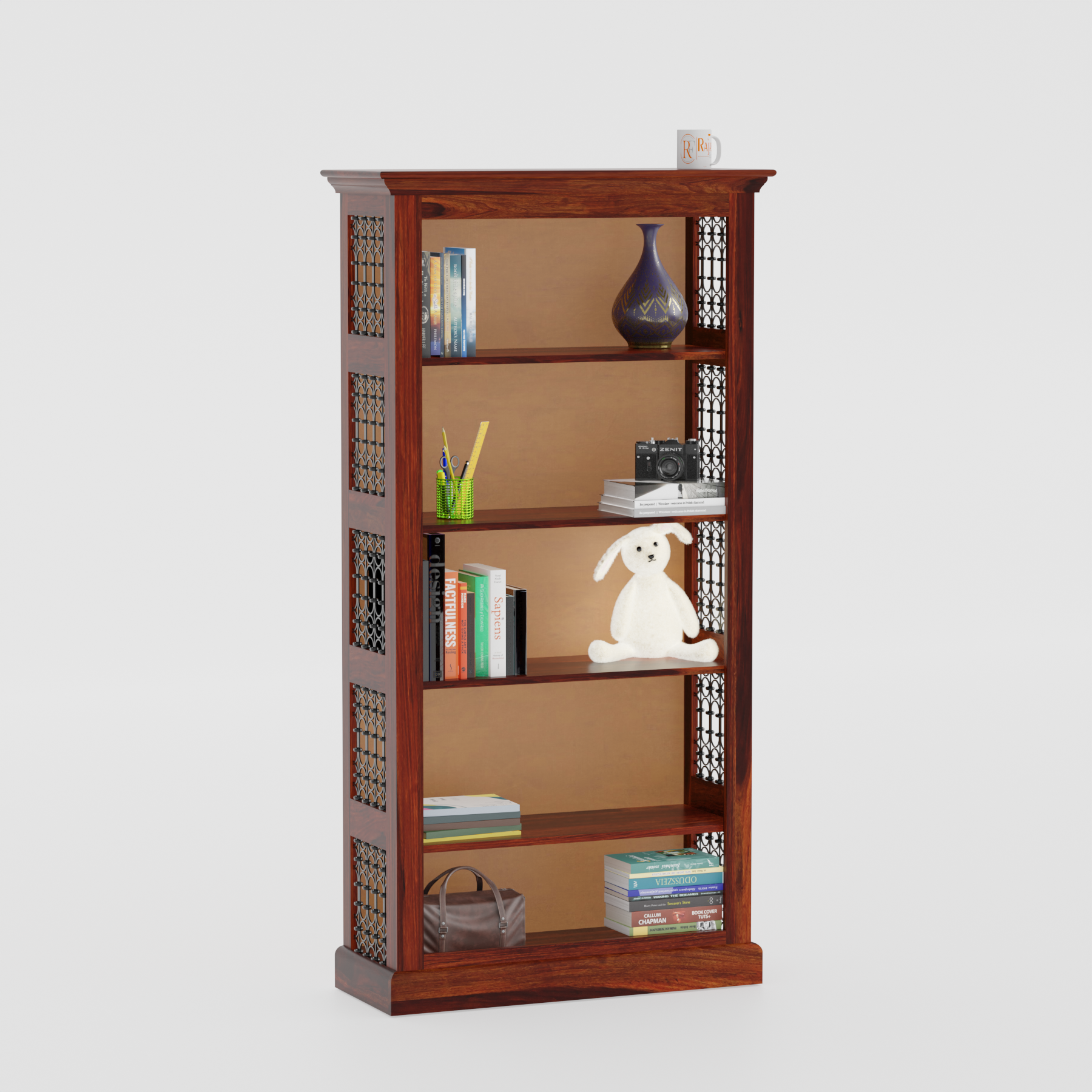 Multishelves Floor Mounted Solid Wood Book Rack in Natural Finish - Rajasthali Furniture 