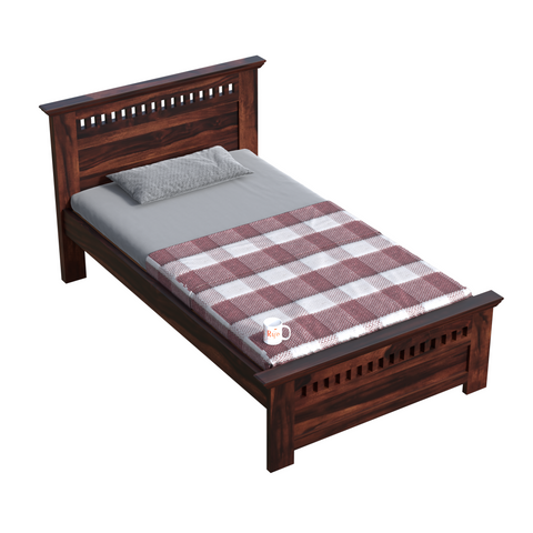 Wooden Single Bed with Block Design without storage for Bedrrom in Natural and Walnut Finish