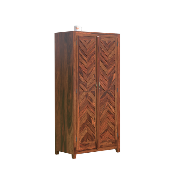 Solid Wood V Design Floor Mounted Wardrobe/ Almirah in Natural Finish - Rajasthali Furniture 