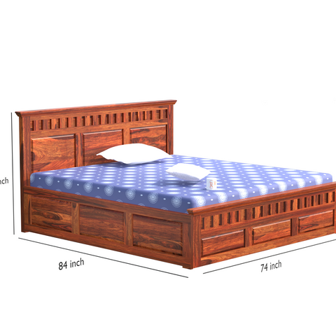 Malen Solid Wood Double Bed with Box Storage in Honey Oak Finish - Rajasthali Furniture 