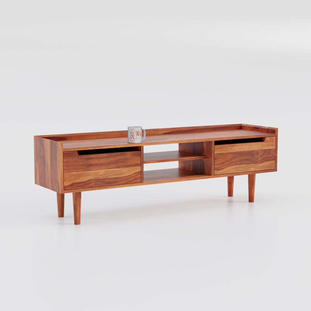 Solid Wood Two Door with one center wooden Shelf LCD cabinet with rustic legs in honey oak finish - Rajasthali Furniture 