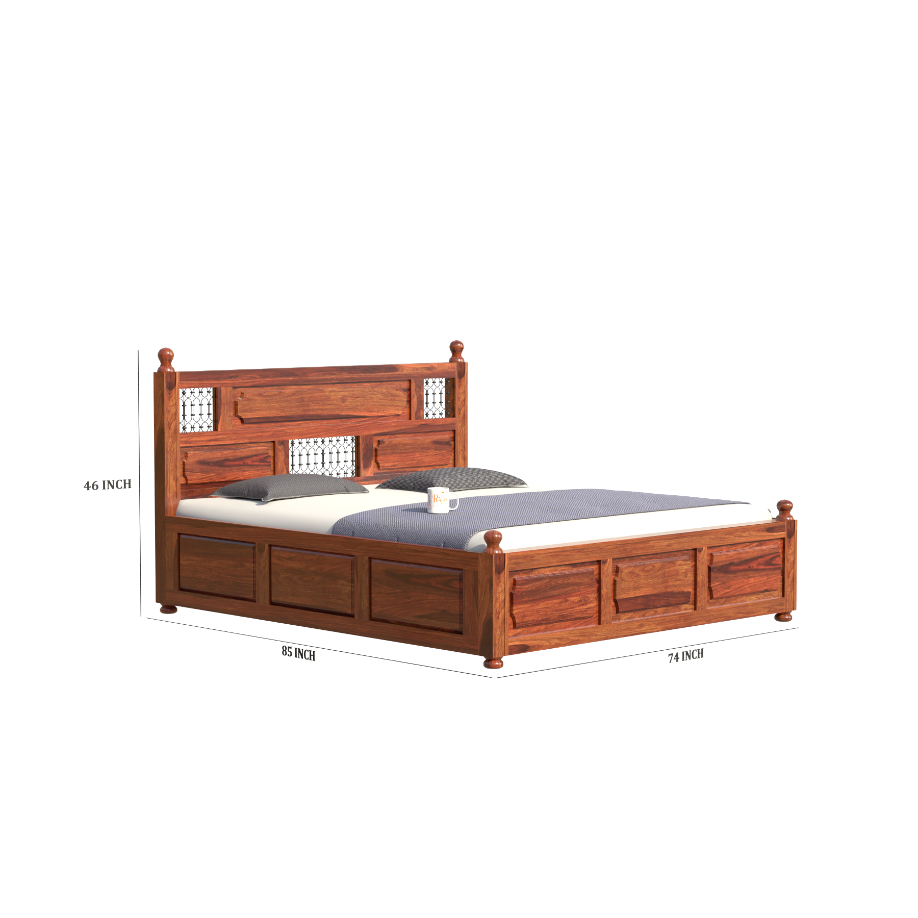 Solid Wood King Size Iron Jali Double Bed with Box Storage in Natural Finish - Rajasthali Furniture 