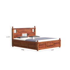 Solid Wood King Size Iron Jali Double Bed with Box Storage in Natural Finish