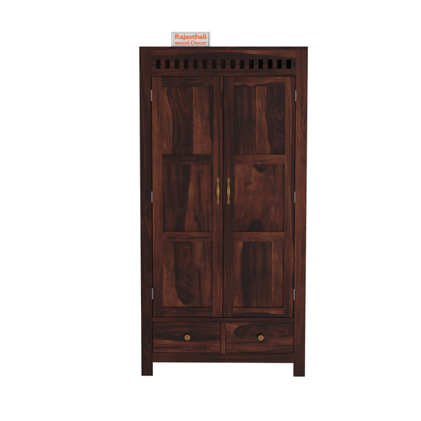 Wooden Two Door and Two Drawer Sheesham Wood Almirah Wardrobe for Bedroom in Honey oak and Dark Color with Natural and Walnut Finish - Rajasthali Furniture 