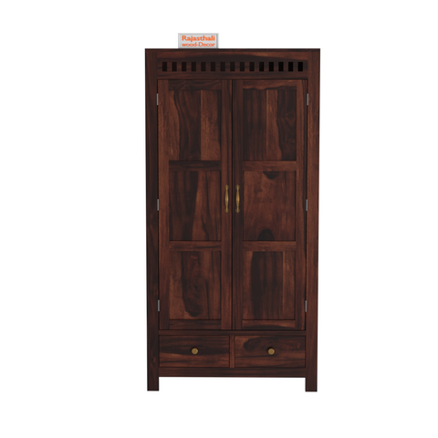 Wooden Two Door and Two Drawer Sheesham Wood Almirah Wardrobe for Bedroom in Honey oak and Dark Color with Natural and Walnut Finish