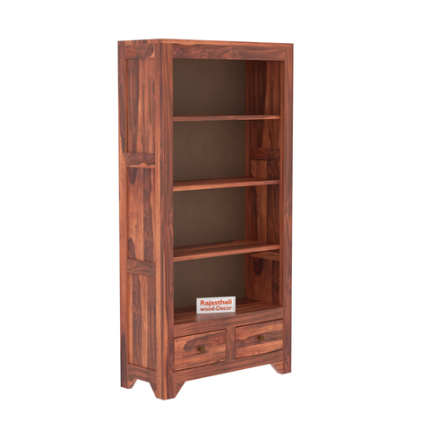 Wooden  Two Drawer 3 Shelves book shelf cum display cabinet in Honey Oak Color with Natural Finish