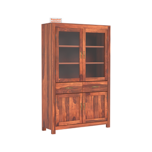 Bened Wooden Glass and Wooden Door Cabinet with two Drawer for Study and kitchen room in Natural and Walnut Finish - Rajasthali Furniture 