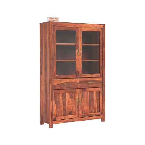 Bened Wooden Glass and Wooden Door Cabinet with two Drawer for Study and kitchen room in Natural and Walnut Finish