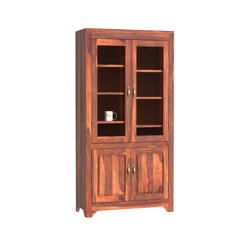 Wooden Display Cabinet with Glass and Wood Doors, 4 Doors Storage Unit in Natural and Walnut Finish