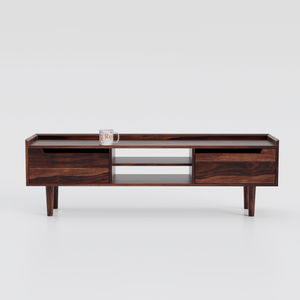 Solid Wood Two Door with one center wooden Shelf LCD cabinet with rustic legs in honey oak finish - Rajasthali Furniture 