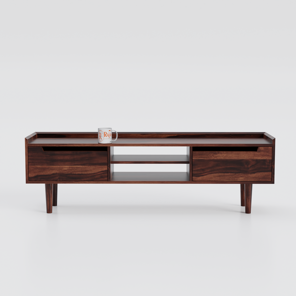 Solid Wood Two Door with one center wooden Shelf LCD cabinet with rustic legs in honey oak finish - Rajasthali Furniture 