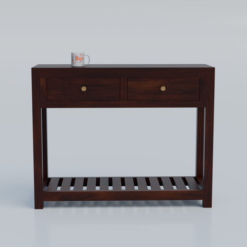 Solid Wood Two Drawer Console Unit with Table Top for Your Bedroom, Wooden Console for Bathroom in Natural Finish