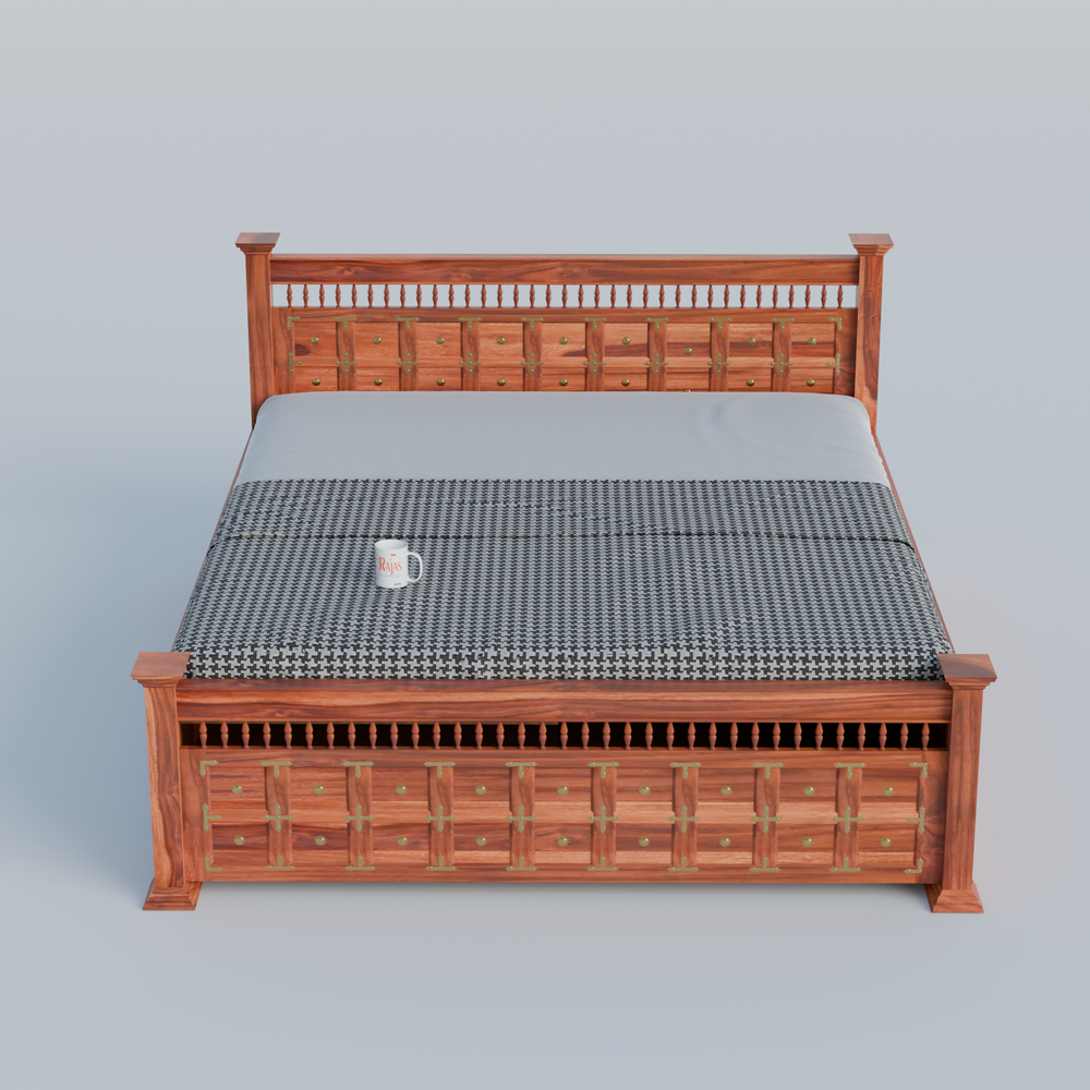 Solid Wood Queen Size Double with Brass LT Plus Design in Honey Oak and Walnut Color - Rajasthali Furniture 