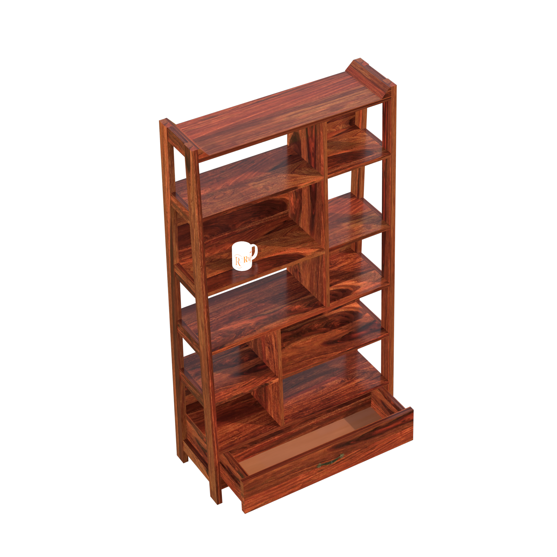 Solid Sheesham Wood Taper Bookshelf with one Large Size drawer in Natural Finish - Rajasthali Furniture 