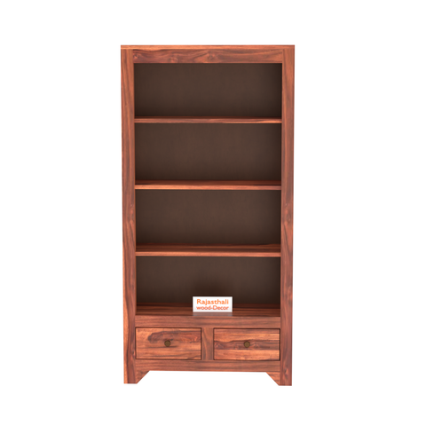 Wooden  Two Drawer 3 Shelves book shelf cum display cabinet in Honey Oak Color with Natural Finish