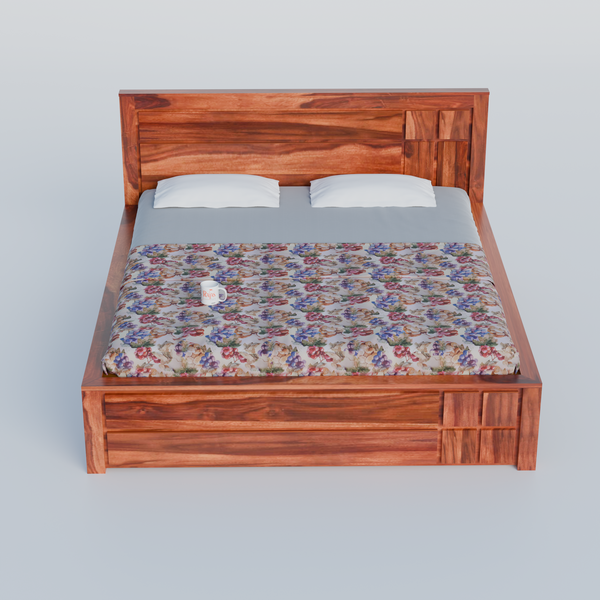 Mattson Solid Wood Double Bed with Box Storage in Honey Oak Finish - Rajasthali Furniture 