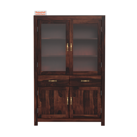 Bened Wooden Glass and Wooden Door Cabinet with two Drawer for Study and kitchen room in Natural and Walnut Finish