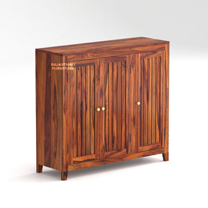 Rajasthali Furniture Solid Sheesham Wood Shoe Cabinet | 3-Door Wooden Shoe Rack with Storage | Entryway Organizer | Natural Finish |