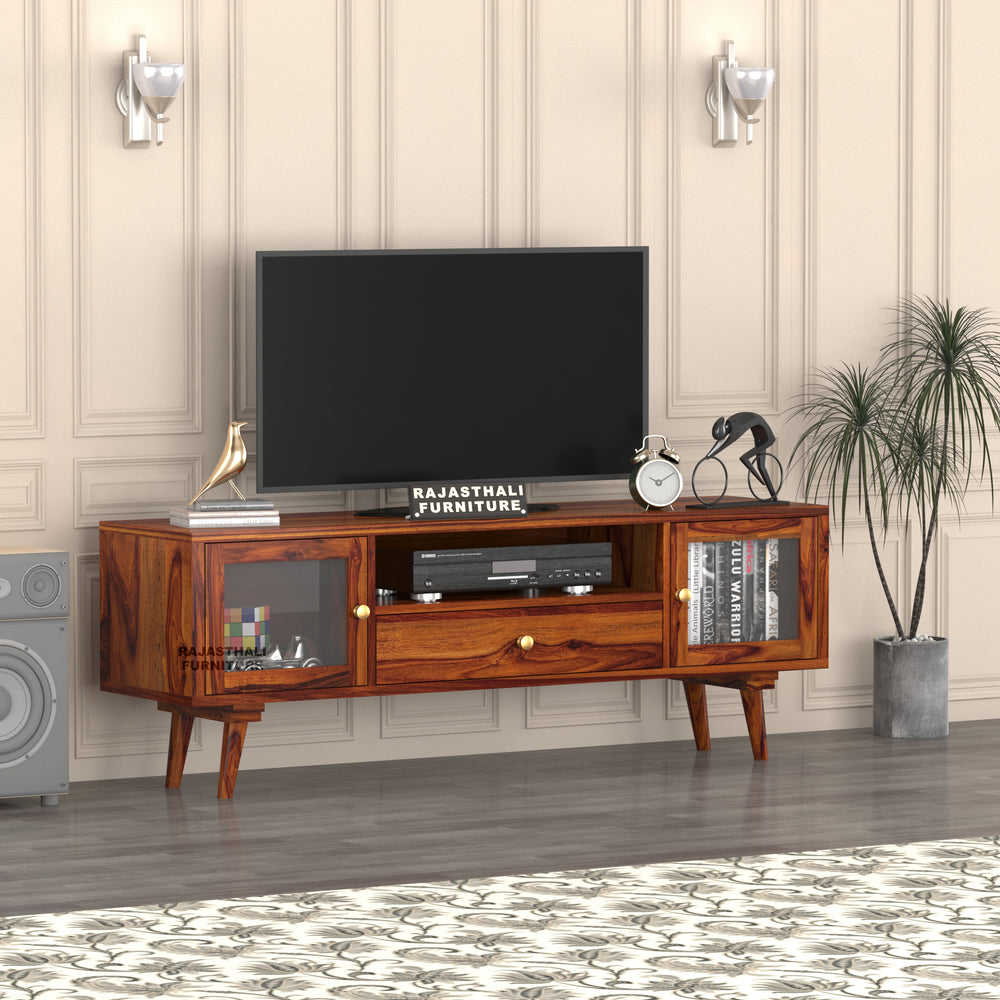 Sheesham Wood TV Unit with Mosaic Carved Doors | Solid Wood TV Console | Glass - Rajasthali Furniture 
