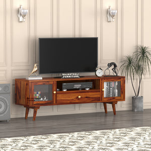 Sheesham Wood TV Unit with Mosaic Carved Doors | Solid Wood TV Console | Glass