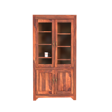 Wooden Display Cabinet with Glass and Wood Doors, 4 Doors Storage Unit in Natural and Walnut Finish