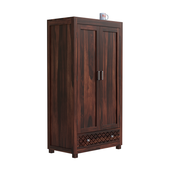Solid Wood Wardrobe with Double Doors, Decorative Lattice Panel, Natural Honey Oak Finish - Rajasthali Furniture 