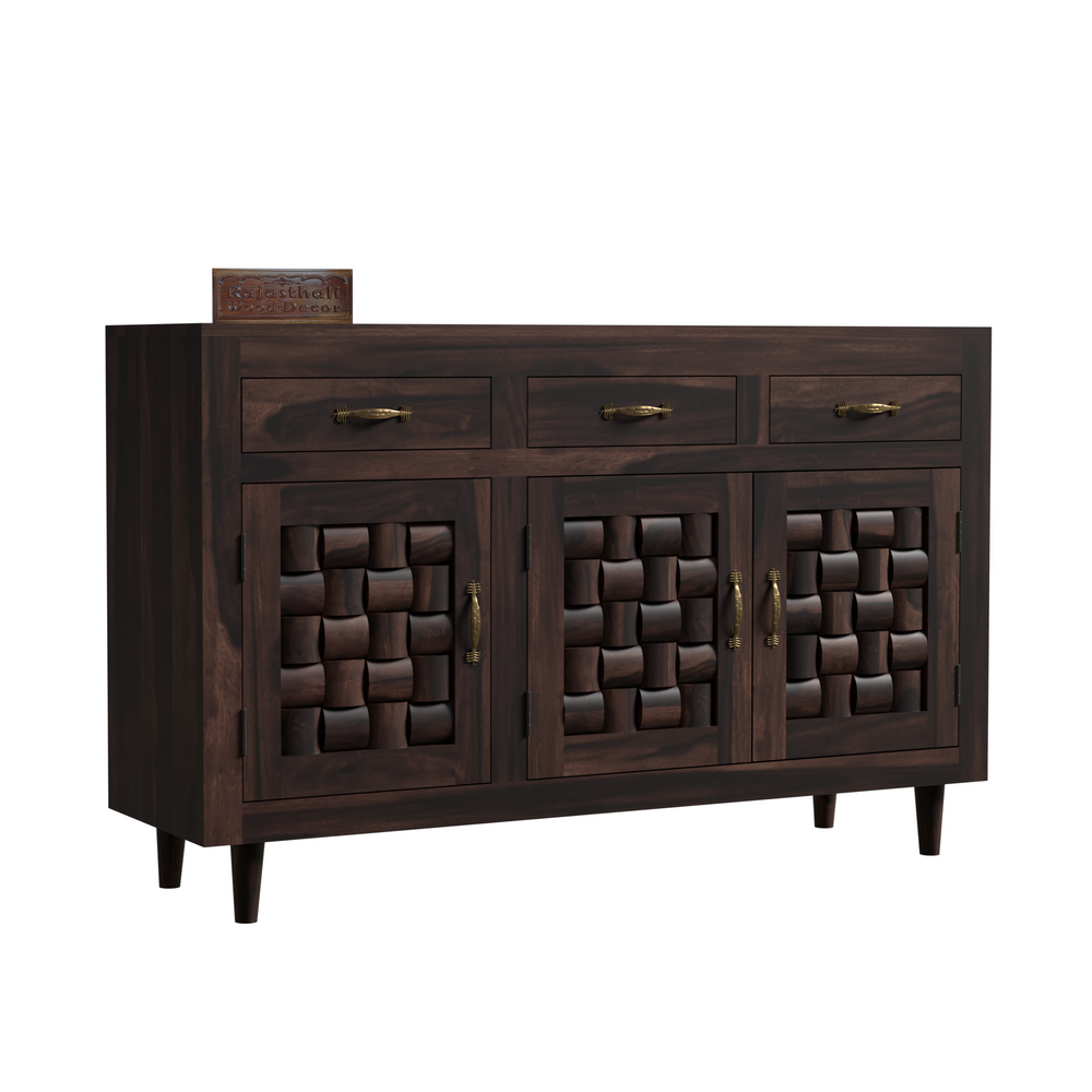 Wooden Sideboard Storage Cabinet with 3 Drawers and 3 Doors Storage Wooden Cabinet for Living Room in Walnut Finish - Rajasthali Furniture 