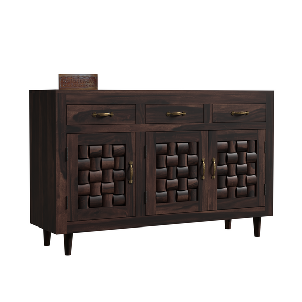 Wooden Sideboard Storage Cabinet with 3 Drawers and 3 Doors Storage Wooden Cabinet for Living Room in Walnut Finish - Rajasthali Furniture 