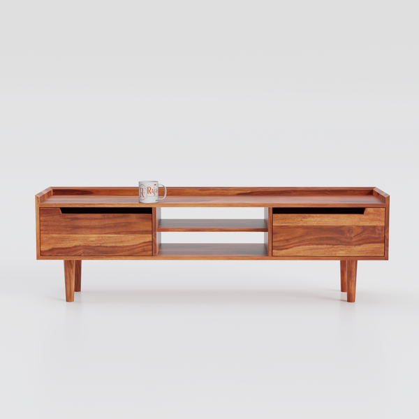 Solid Wood Two Door with one center wooden Shelf LCD cabinet with rustic legs in honey oak finish - Rajasthali Furniture 